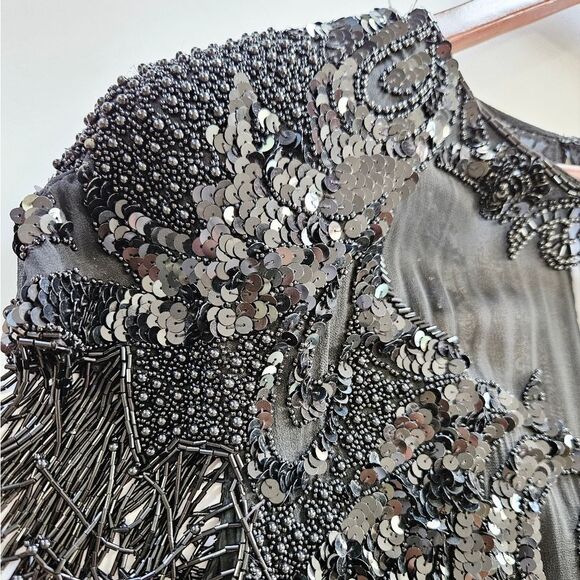 Vintage Cache 100% Silk Black Beaded Art Deco Wiggle '50s Style Flapper Dress 8 - Picture 4 of 14